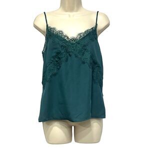 LUSH Lace Trim V-neck  Chiffon Camisole, Hunter Green